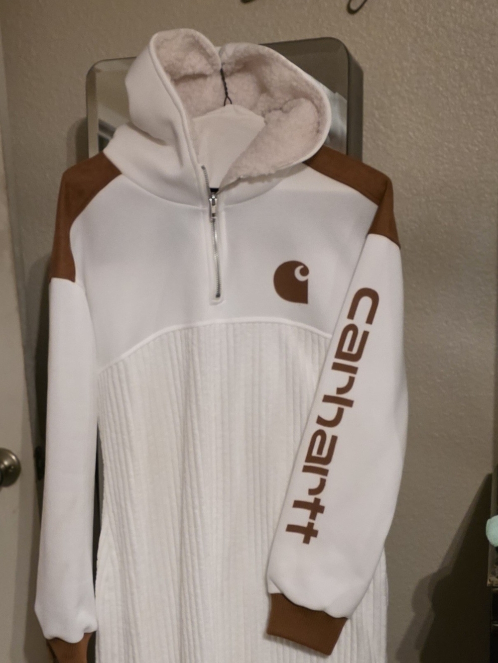 Carhartt White and Brown Sherpa-Lined Half-Zip Sweater